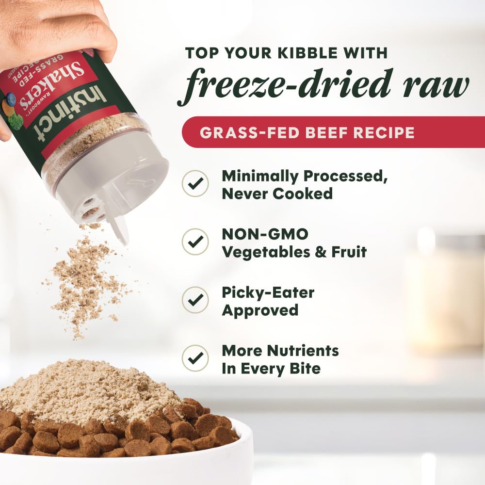 Instinct RawBoost Shakers beef recipe dry sprinkle over kibble for flavor.
