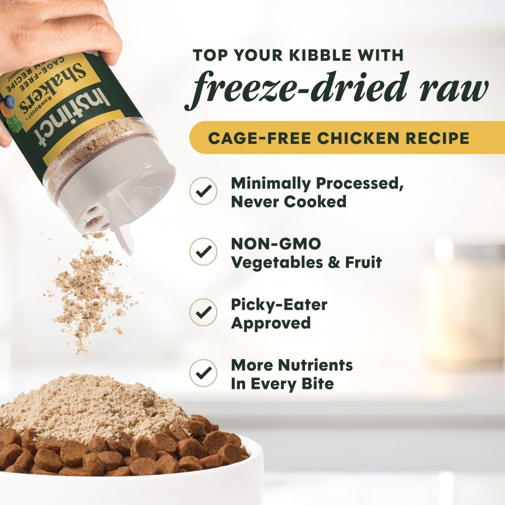 Instinct RawBoost Shakers pouring over kibble to boost taste and nutrition.
