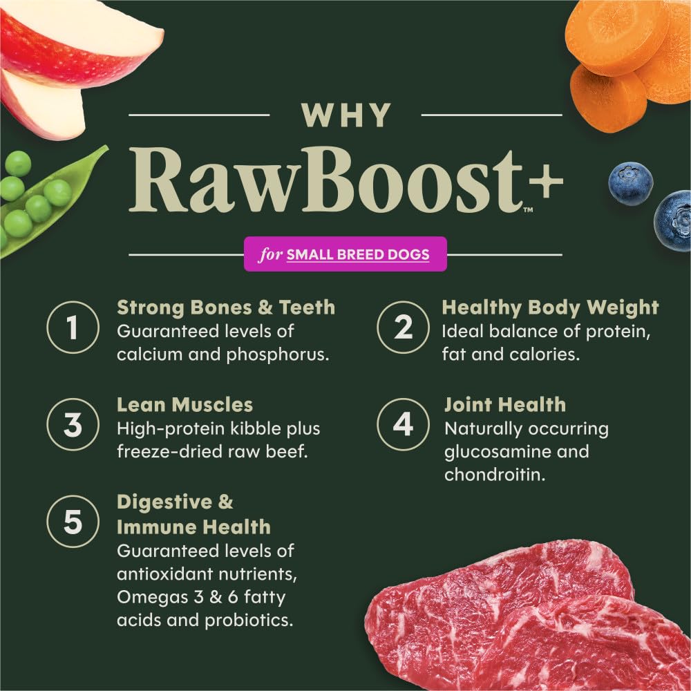 Instinct RawBoost Small Breed bag back displays grain-free formula and feeding guidance for active dogs.