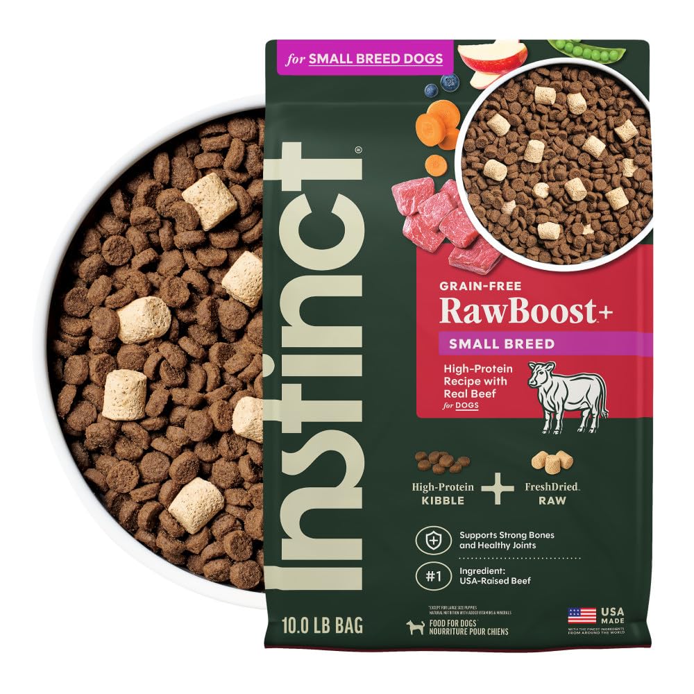 Instinct RawBoost Small Breed bag front highlights real beef as first ingredient for strong, lean muscles.