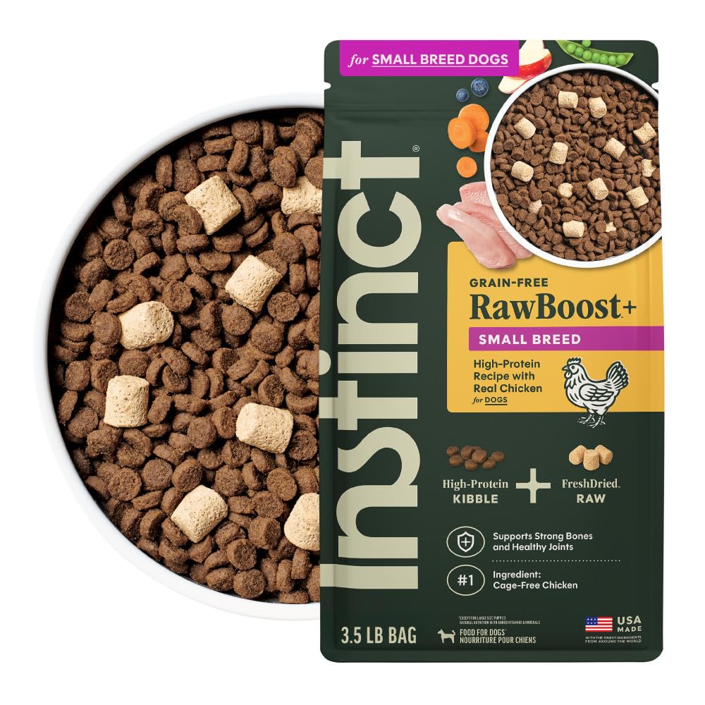 Instinct RawBoost Small Breed chicken-first-ingredient supports lean muscles.