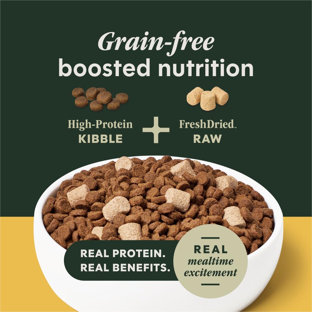 Instinct RawBoost small breed serving in a bowl highlights protein for active dogs