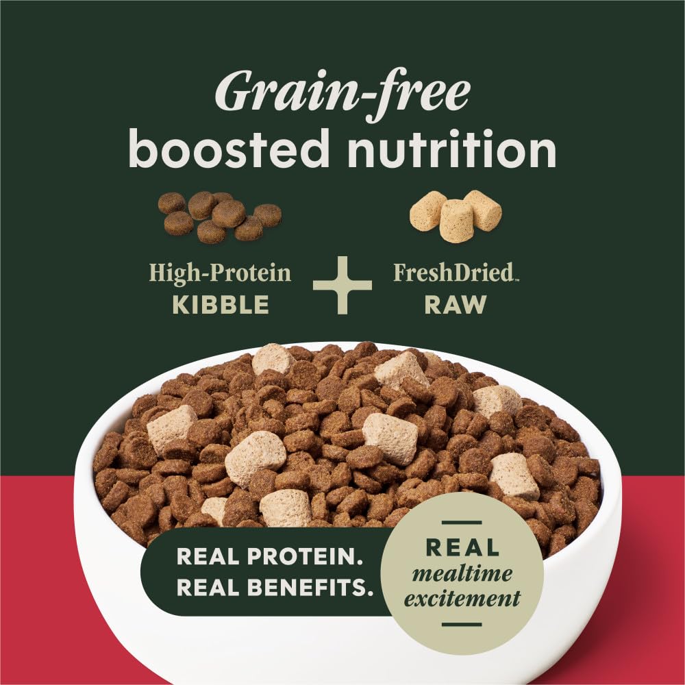 Instinct RawBoost kibble in a bowl shows crunchy pieces with FreshDried Raw for texture and flavor.