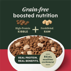 Instinct RawBoost kibble in a bowl shows crunchy pieces with FreshDried Raw for texture and flavor.