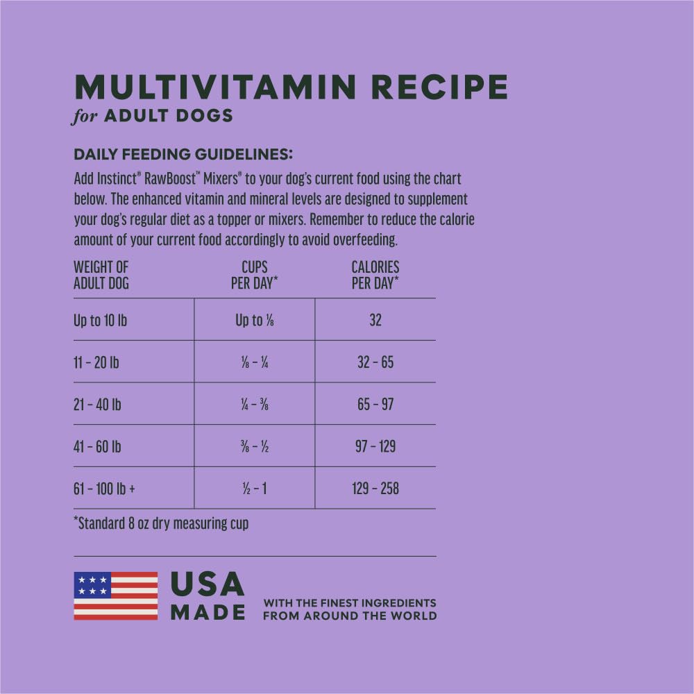 Instinct RawBoost label highlights taurine and vitamins for heart and liver support