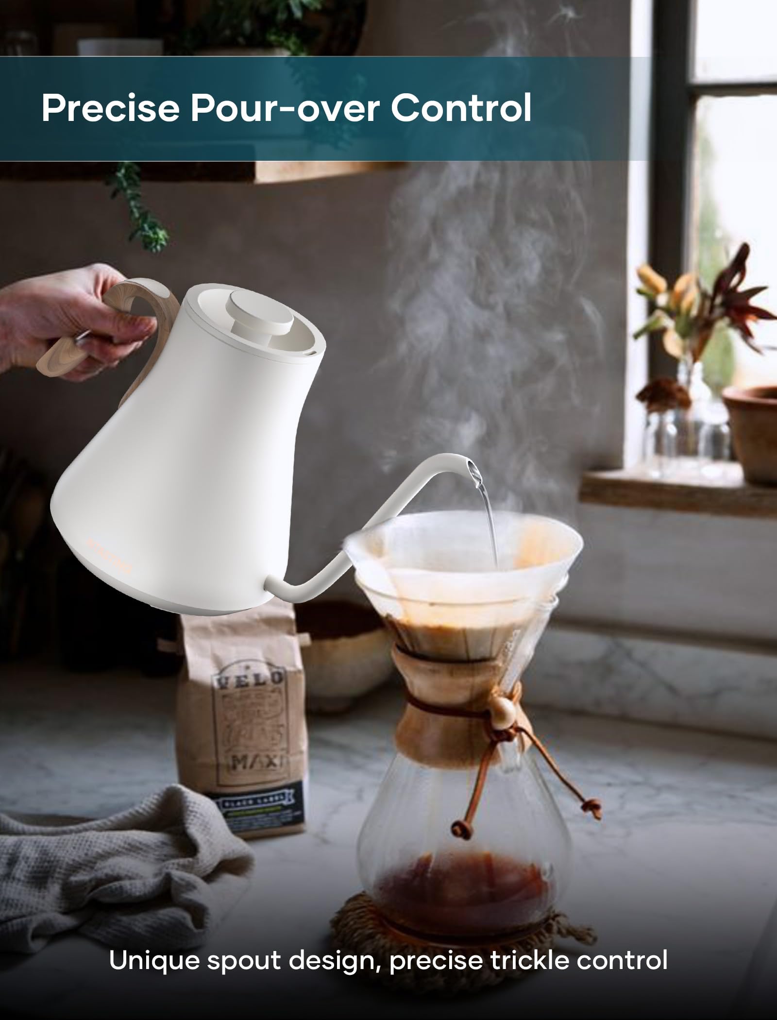 INTASTING kettle built-in brew stopwatch for timing your pours.