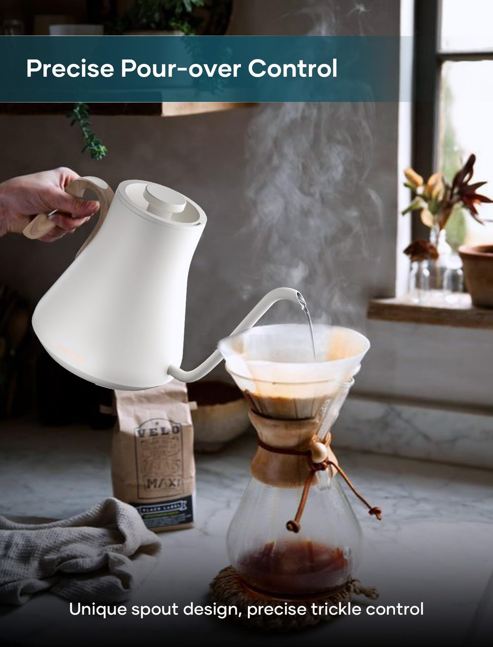 INTASTING kettle built-in brew stopwatch for timing your pours.