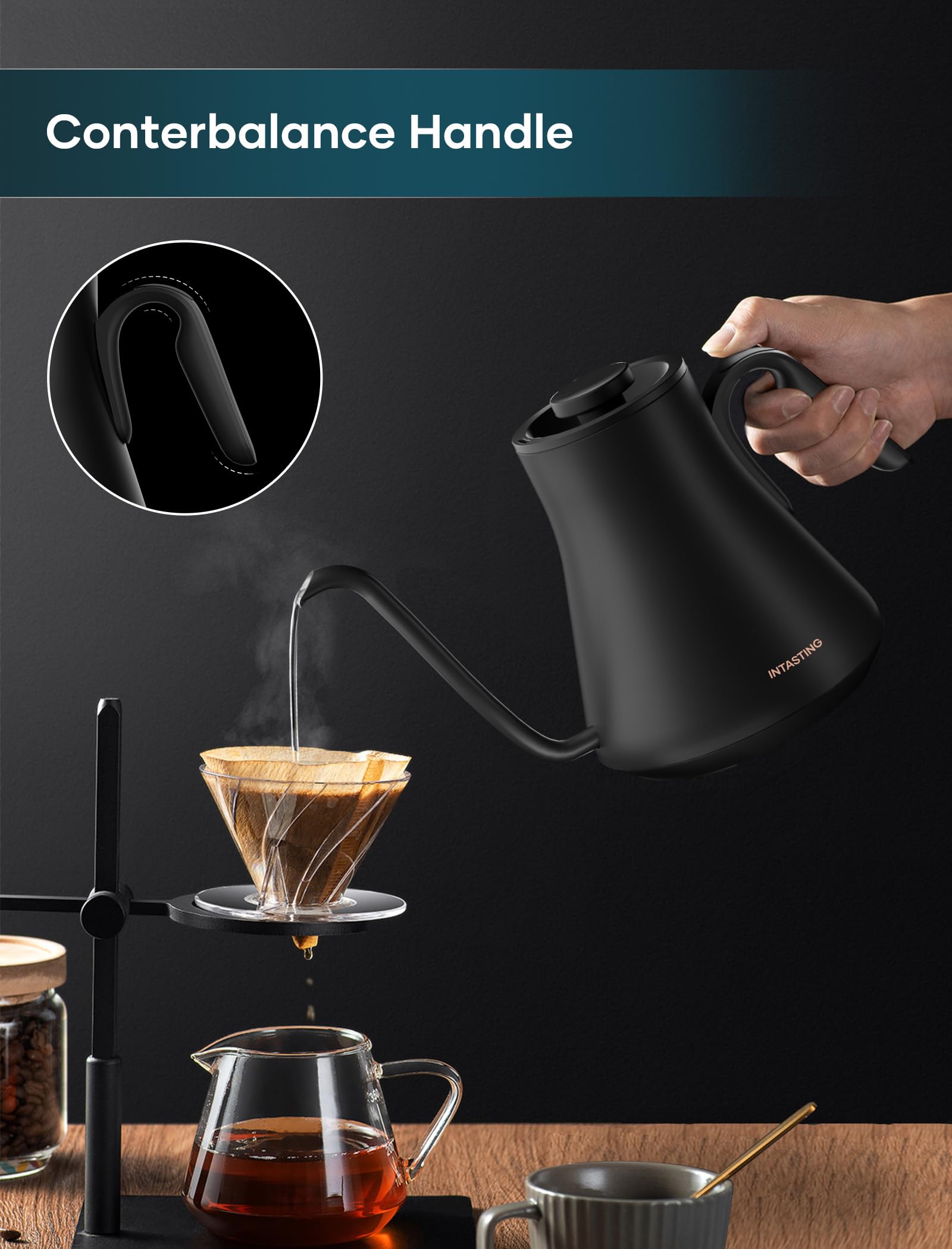 INTASTING kettle digital brew timer display for consistent timing.