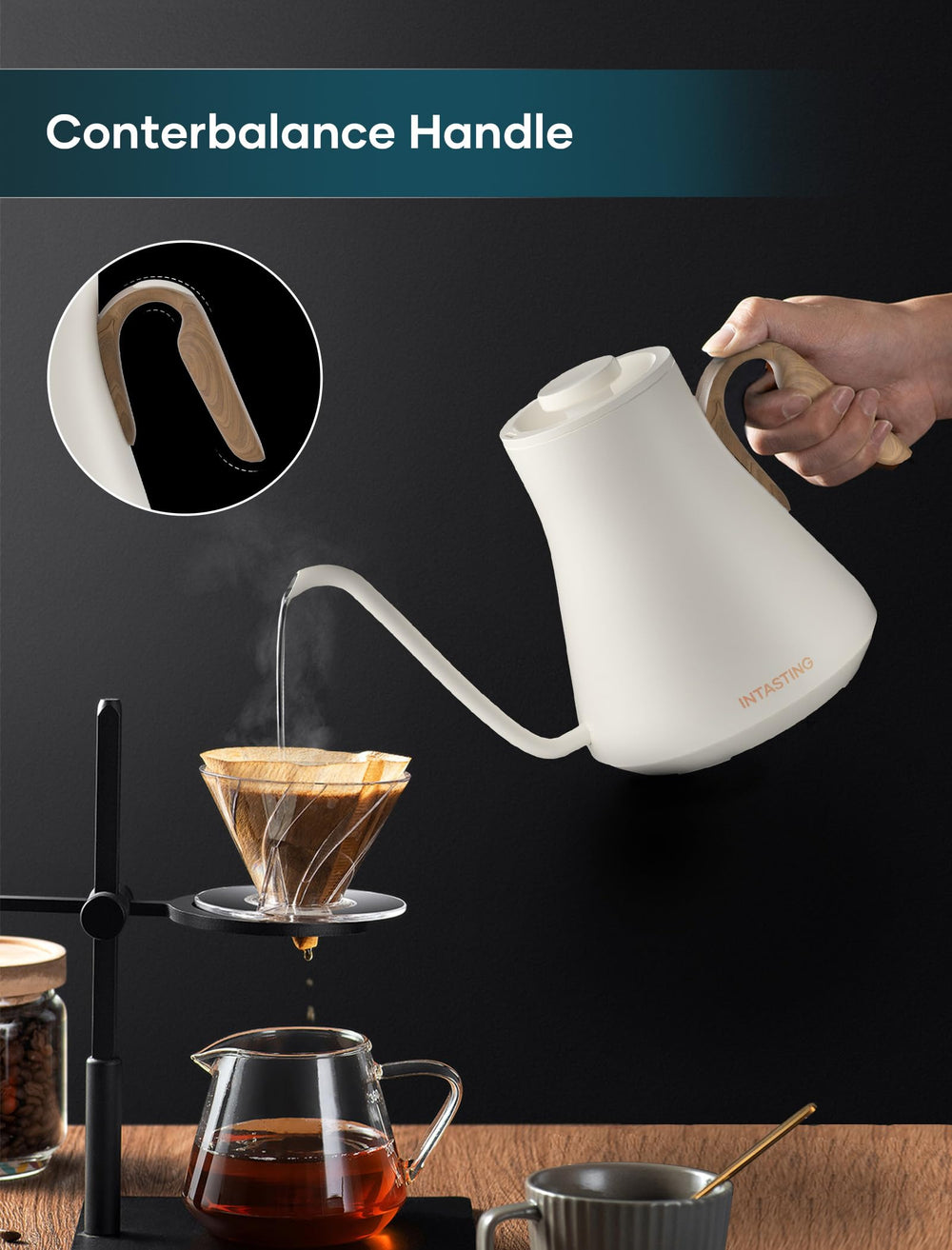INTASTING kettle with ±1°F precision temperature control for consistent brews.