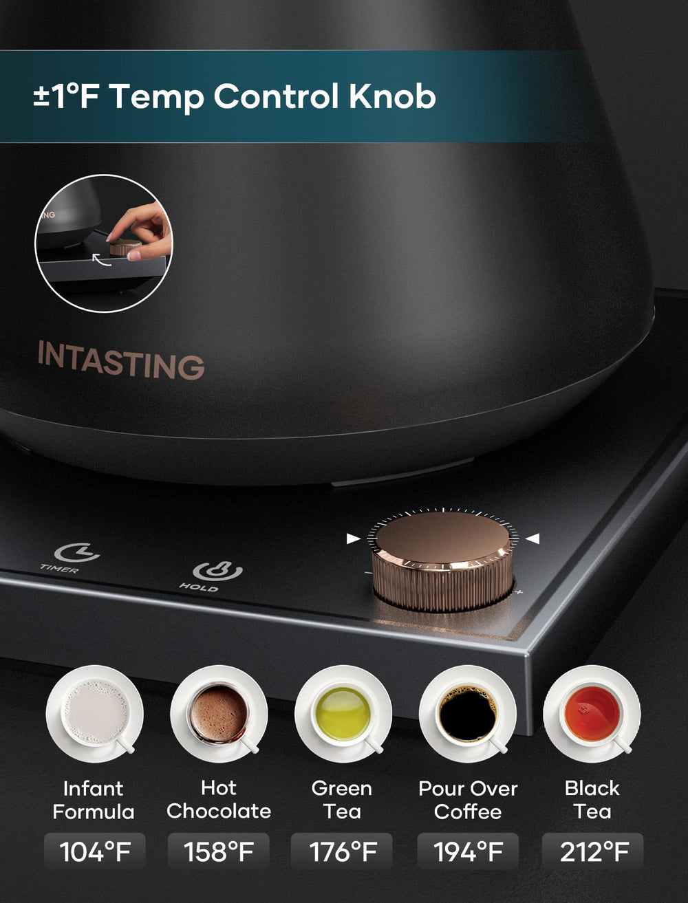 INTASTING stainless interior ensures pure water contact and durability.