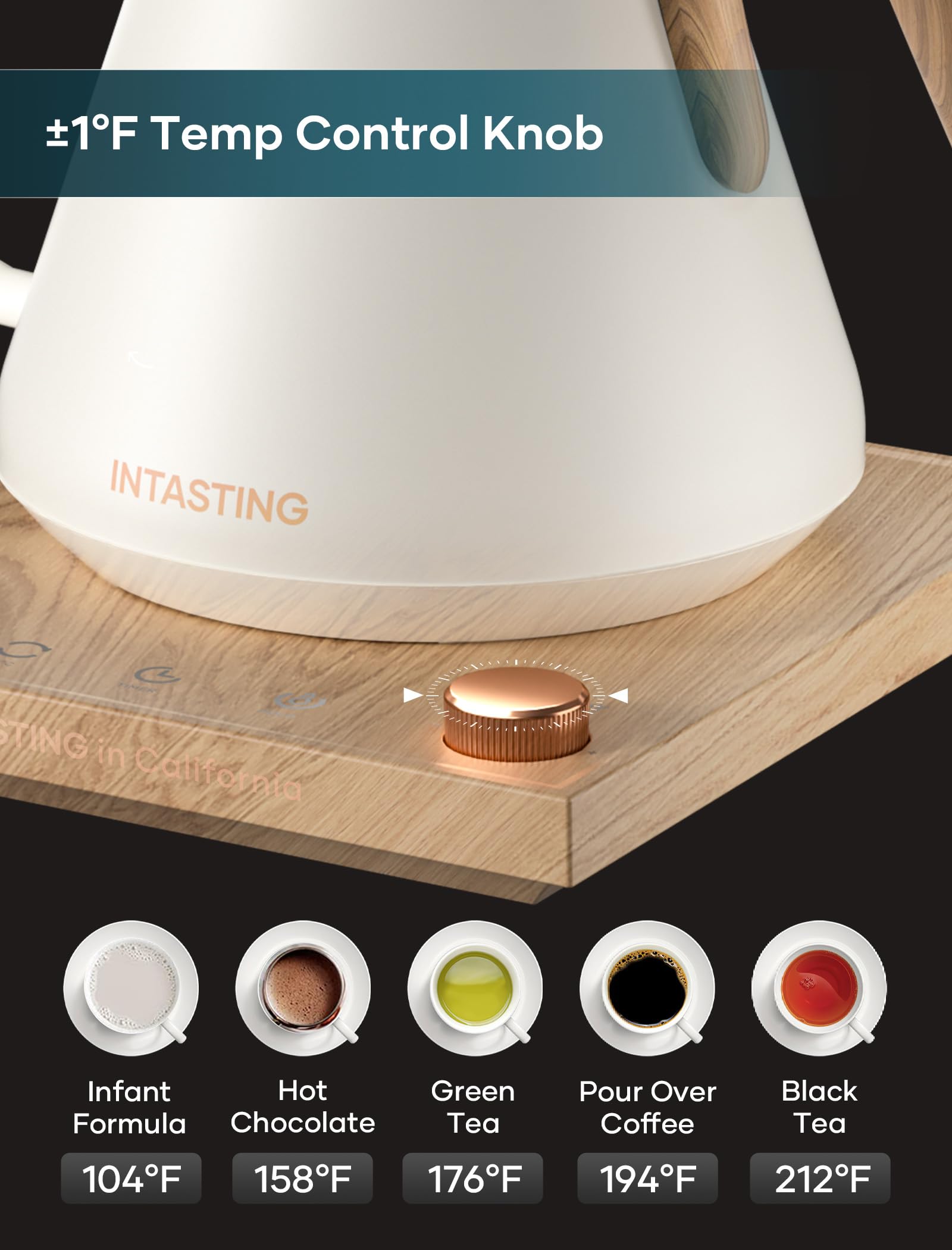 INTASTING kettle with 100% stainless steel interior for pure, safe pours.