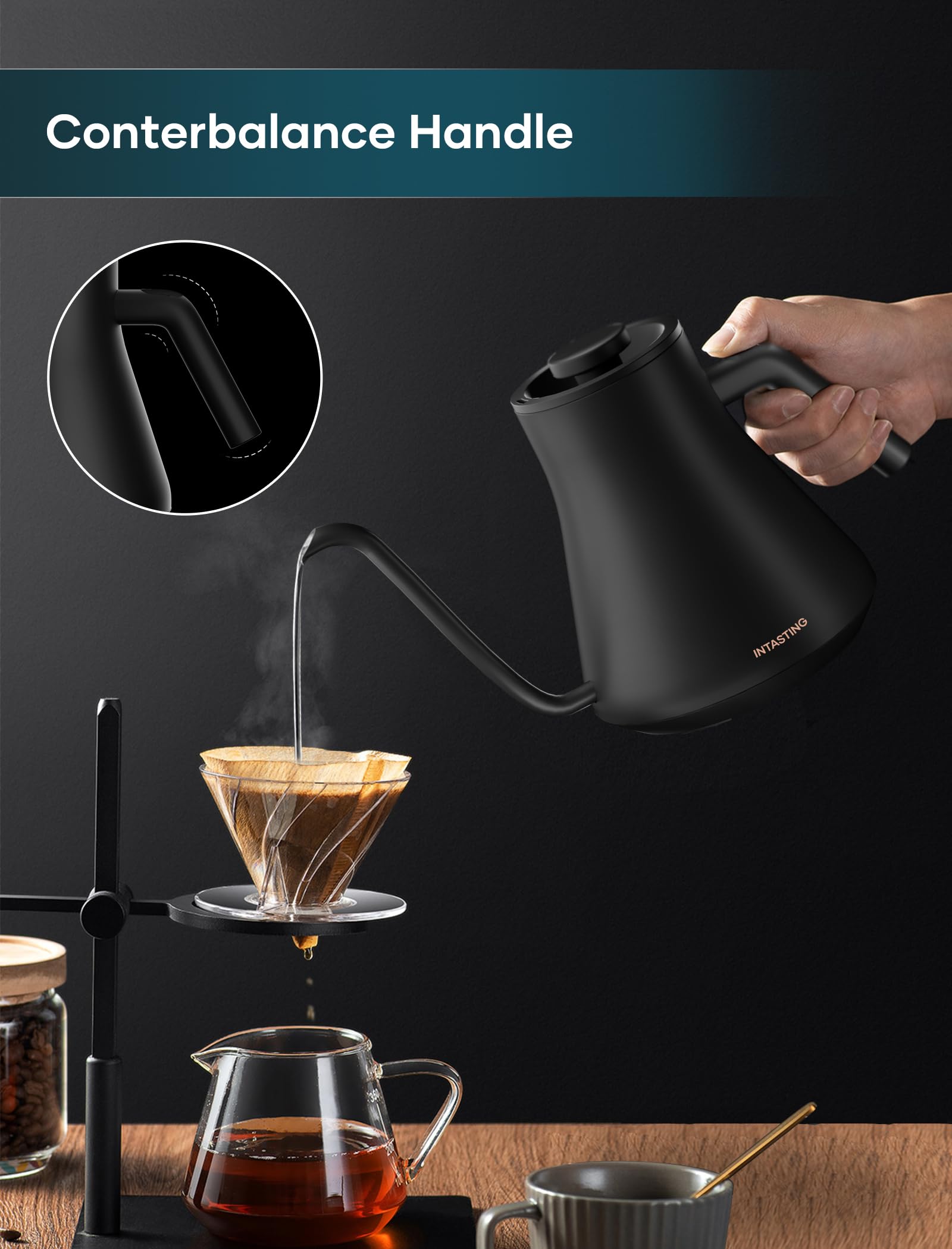 INTASTING electric kettle temperature control display for accurate brewing.