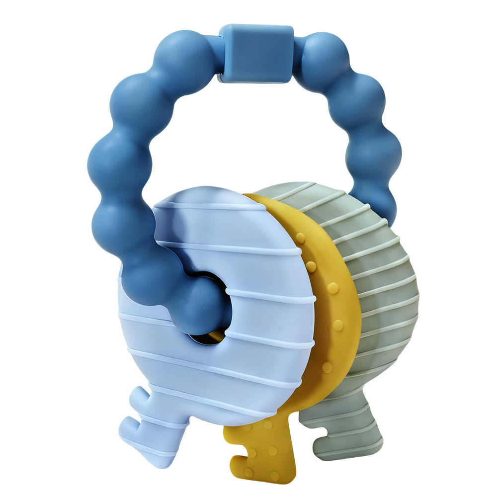 Intatikoo baby keys teether in deep blue with varied textures for soothing gums.