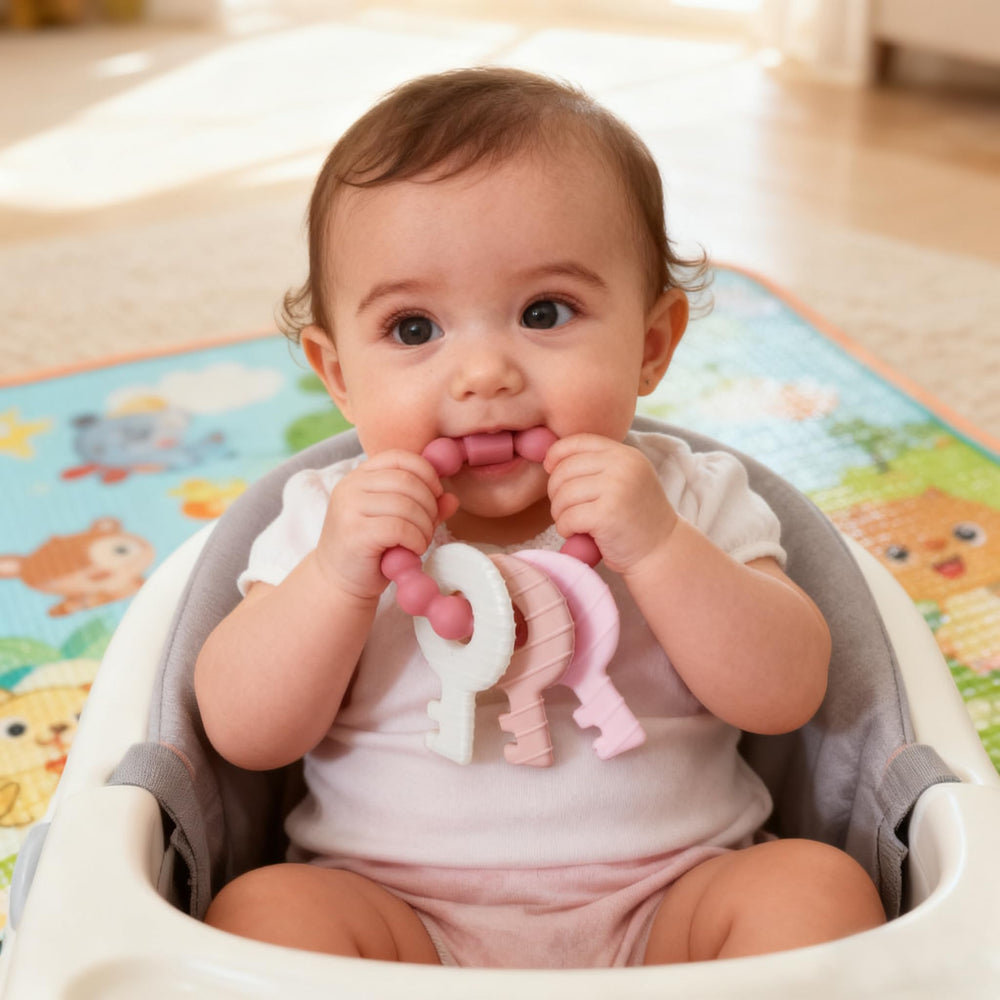 Intatikoo textured teether supports tiny hand grasping development.