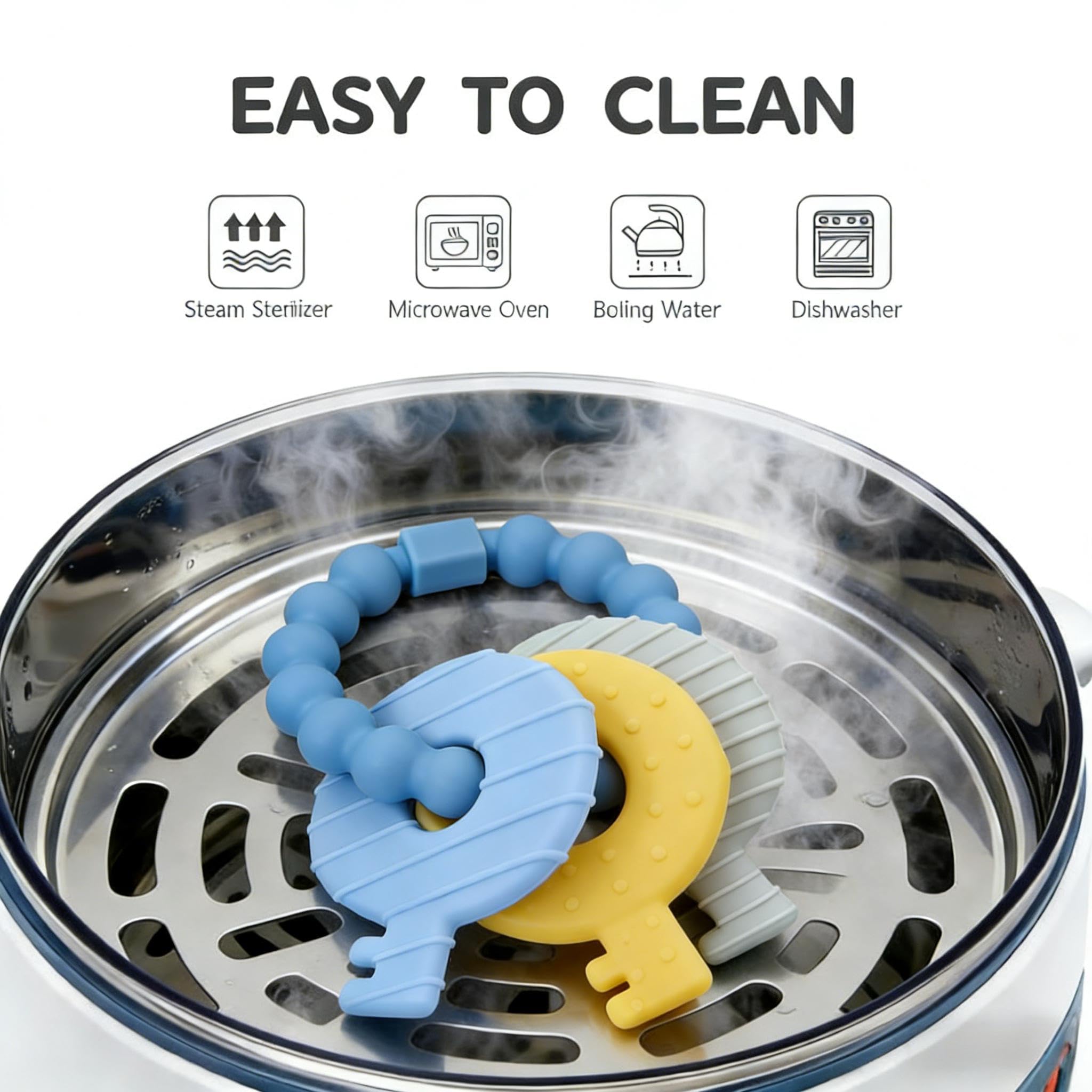 Intatikoo one-piece teether design minimizes loose parts for safer use.