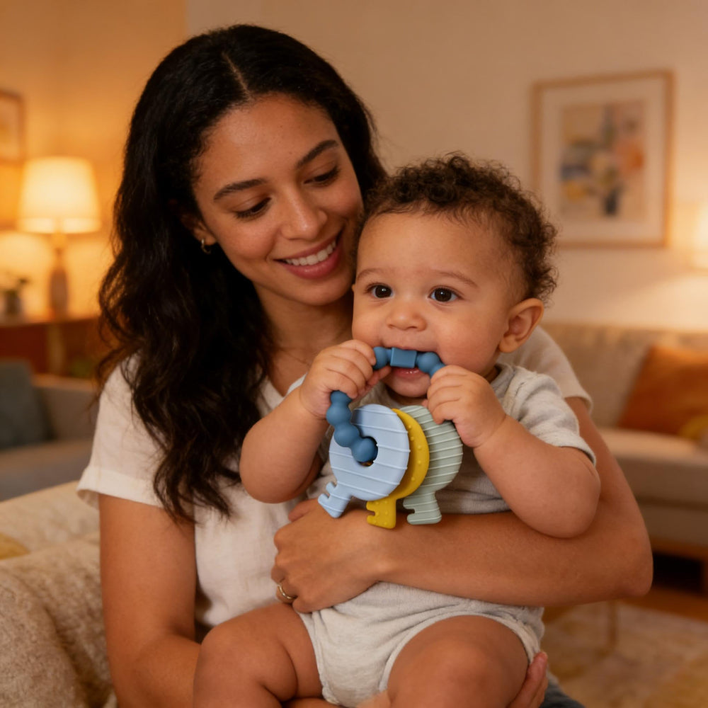 Intatikoo portable teether fits in a diaper bag and stroller hook.