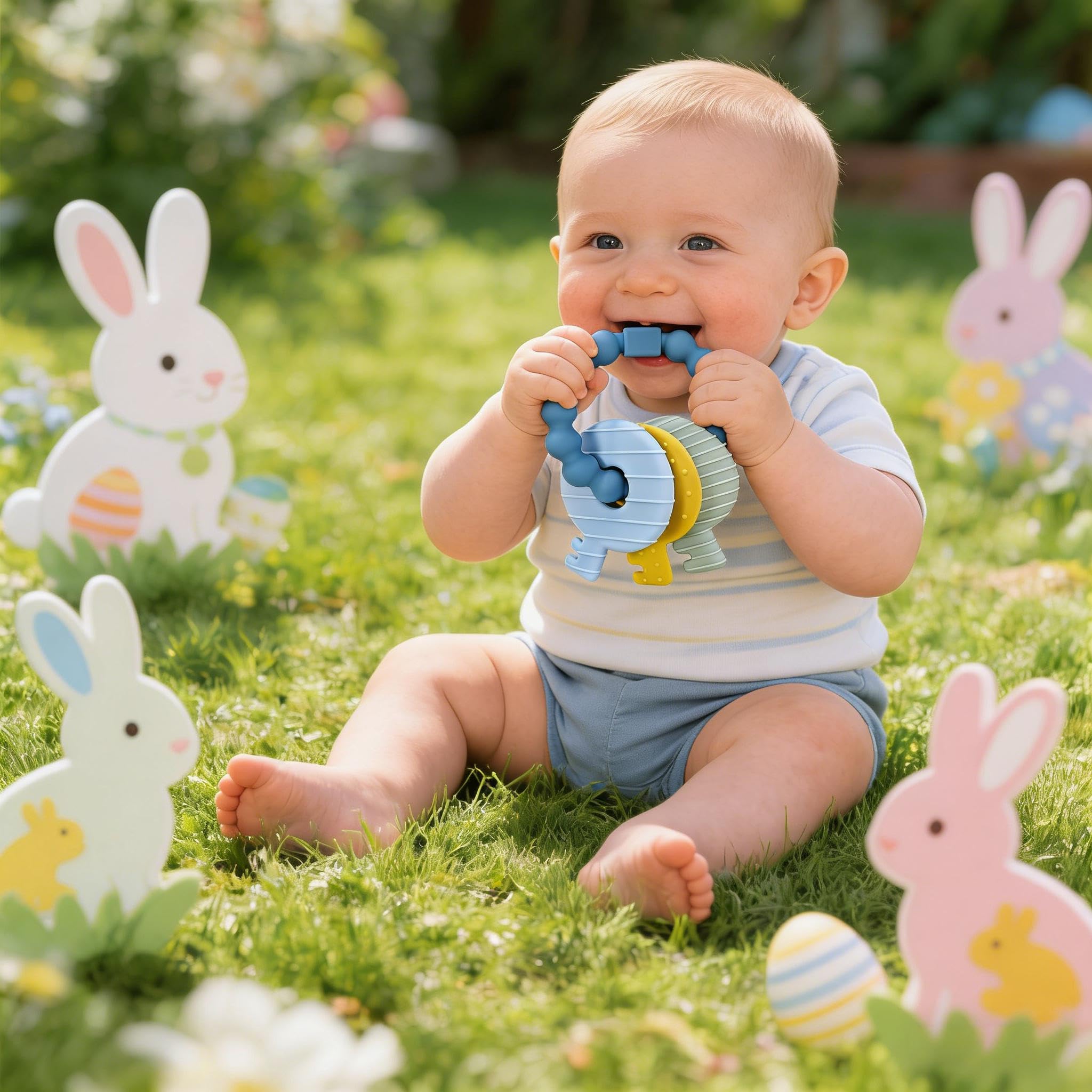 Intatikoo silicone teether showcases raised textures to stimulate tactile exploration.
