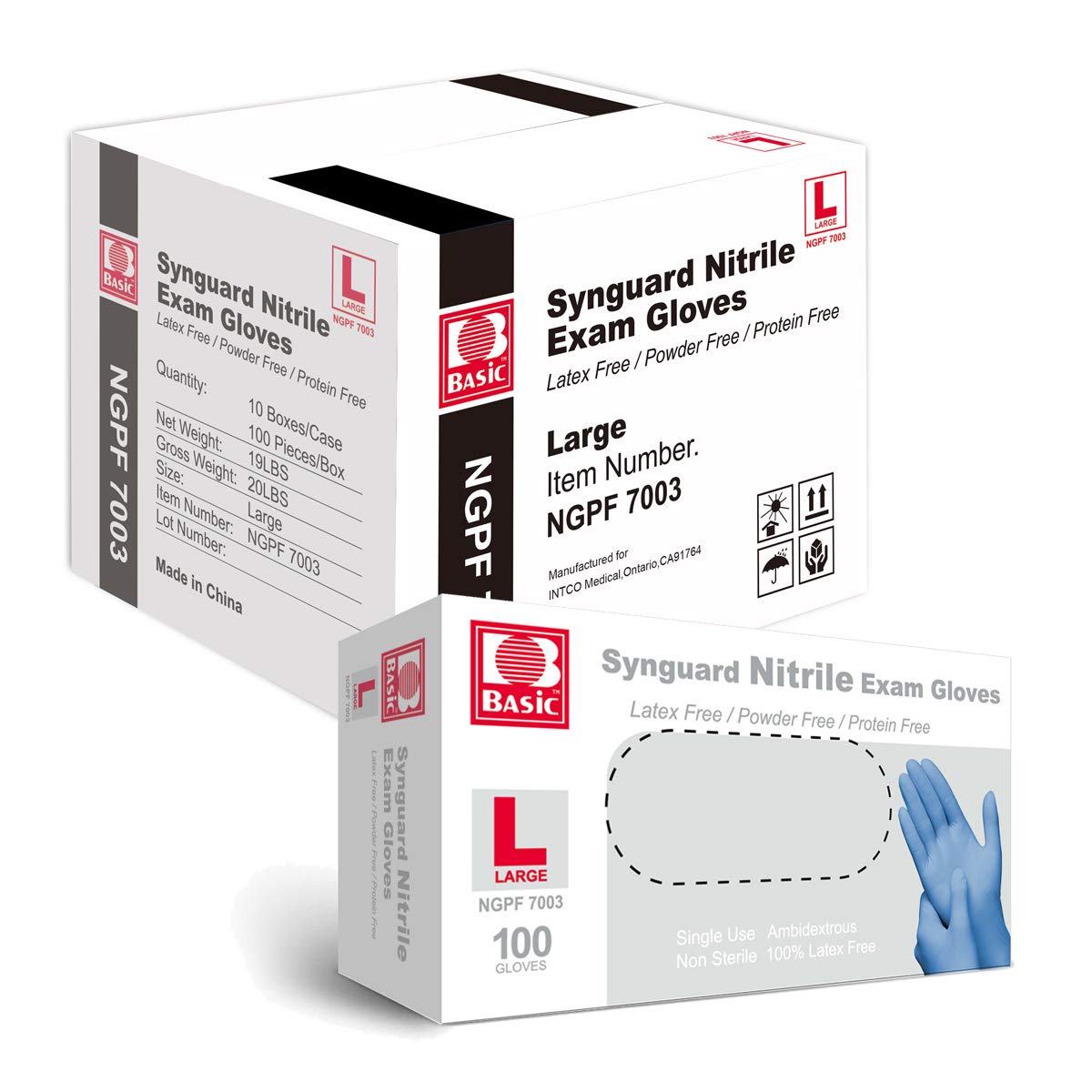 Intco Basic Medical blue nitrile gloves, front box, latex-free and powder-free for sensitive skin.