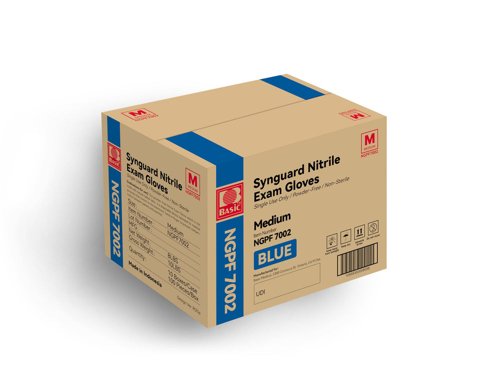Intco Basic Medical blue nitrile gloves box view highlighting 100-count packaging.
