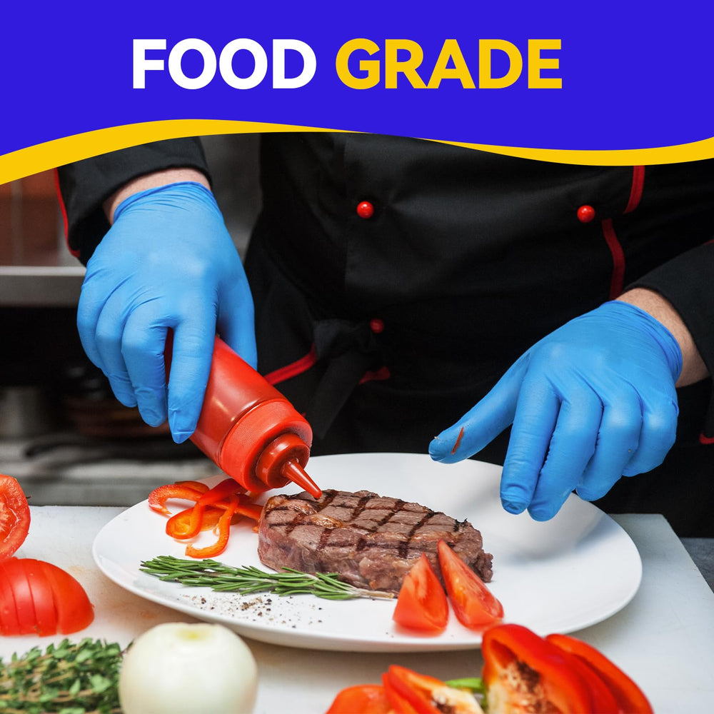 Intco Basic Medical blue nitrile gloves in lab or kitchen setting for versatile tasks.