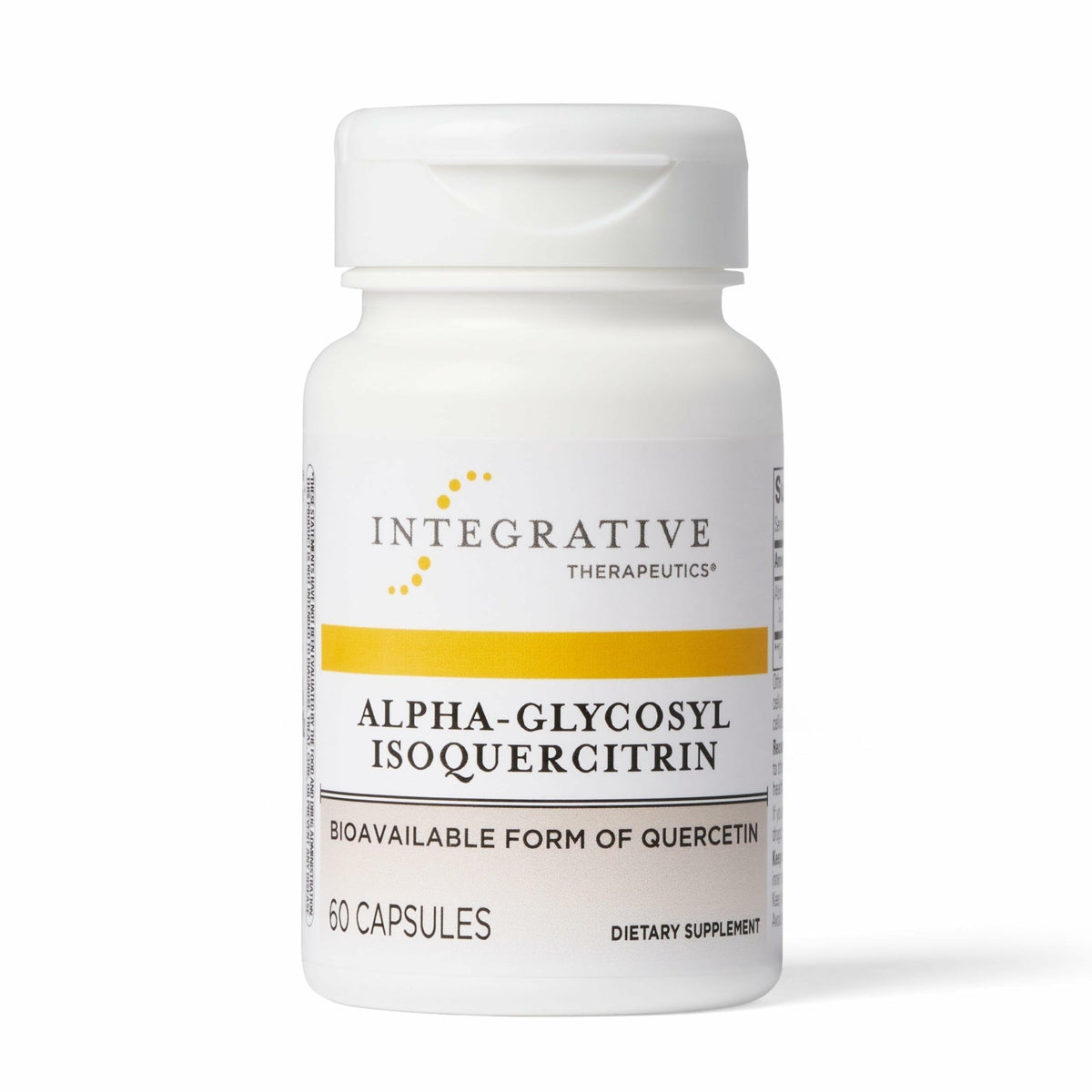 Integrative Therapeutics Alpha-Glycosyl Isoquercitrin bottle provides daily flavonoid support.