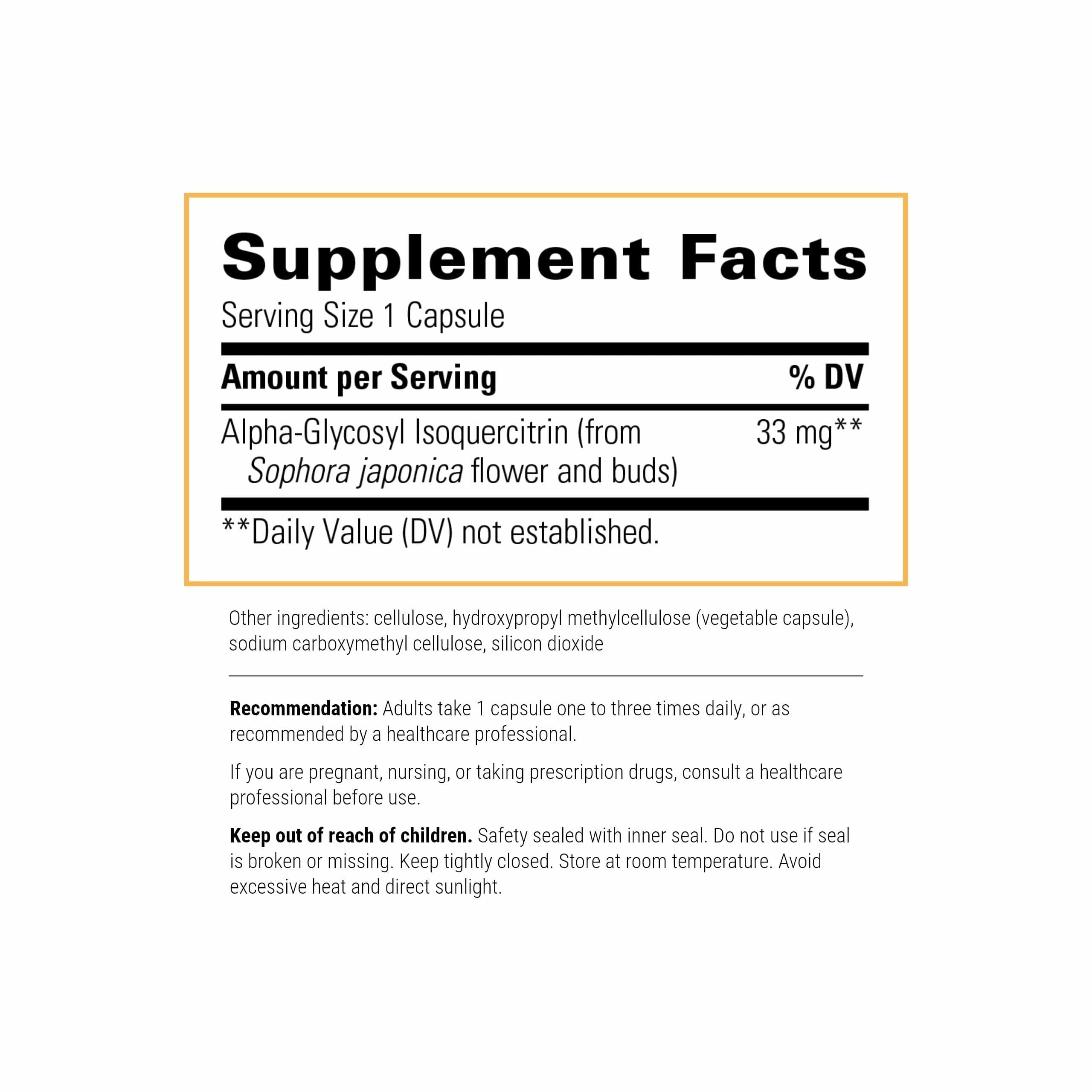Integrative Therapeutics Alpha-Glycosyl Isoquercitrin label highlights vegan formula.