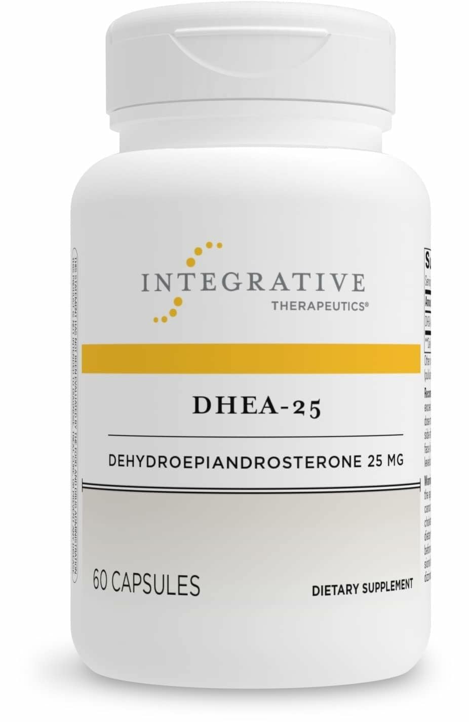 Integrative Therapeutics DHEA-25 bottle front view, vegan and gluten-free capsules for daily support