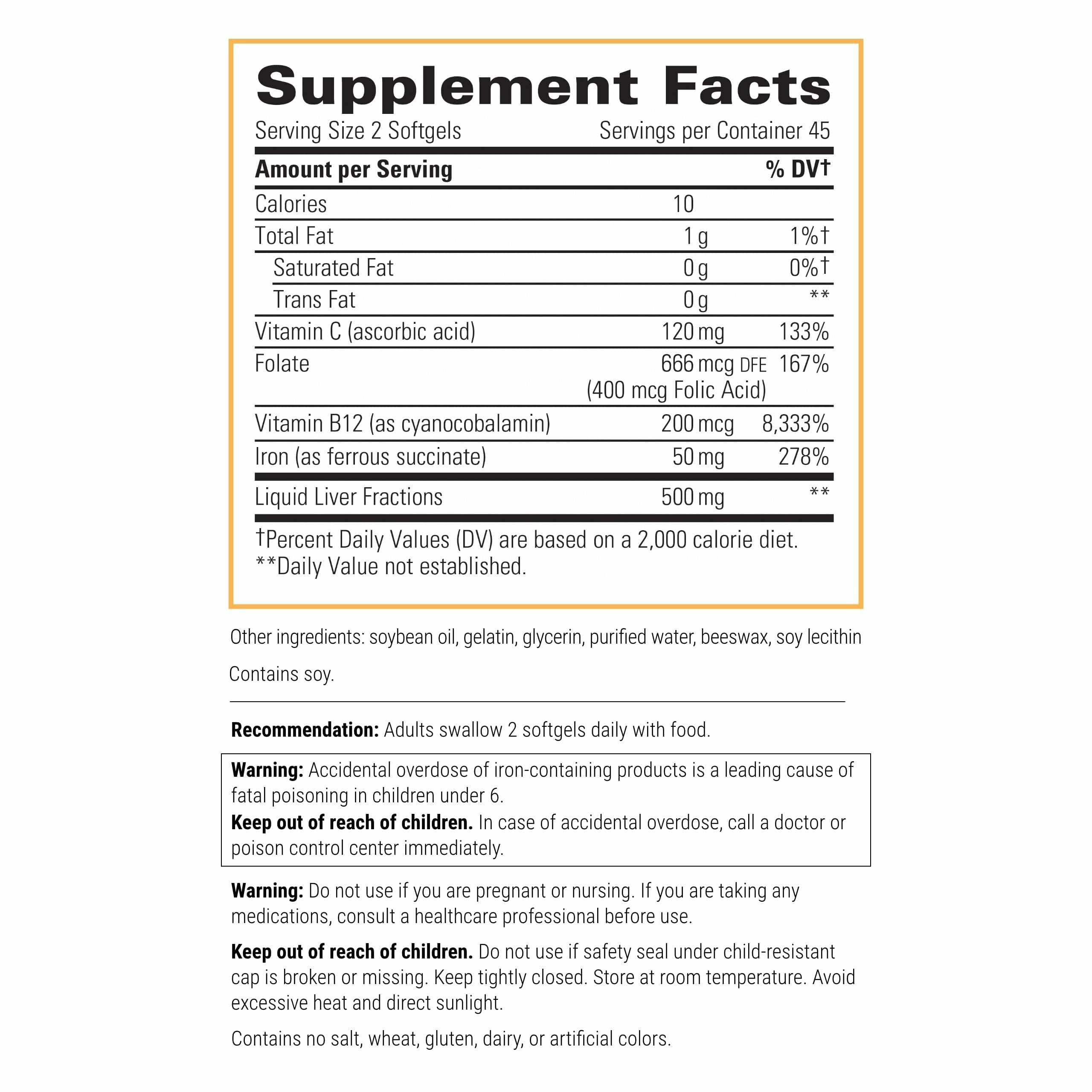 Close-up of Integrative Therapeutics Iron Complex label highlighting gluten-free and dairy-free features.