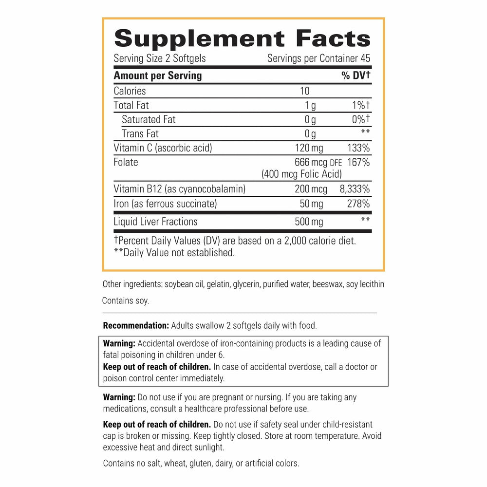 Close-up of Integrative Therapeutics Iron Complex label highlighting gluten-free and dairy-free features.