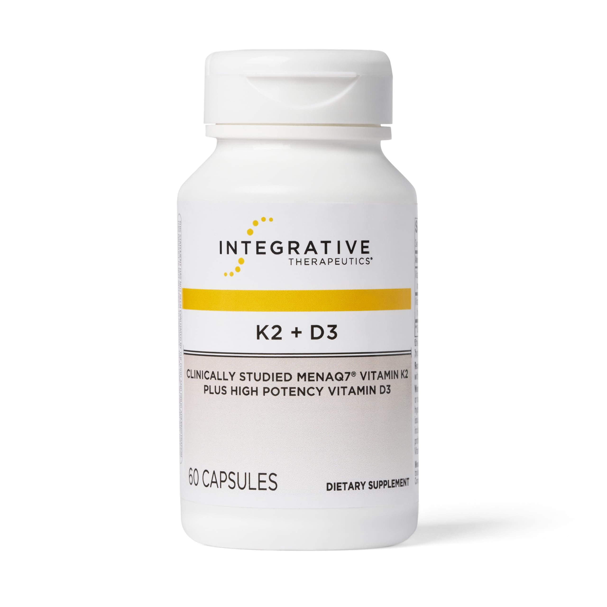 Integrative Therapeutics K2 + D3 bottle showing label highlighting K2 and D3 benefits for bone and heart support.