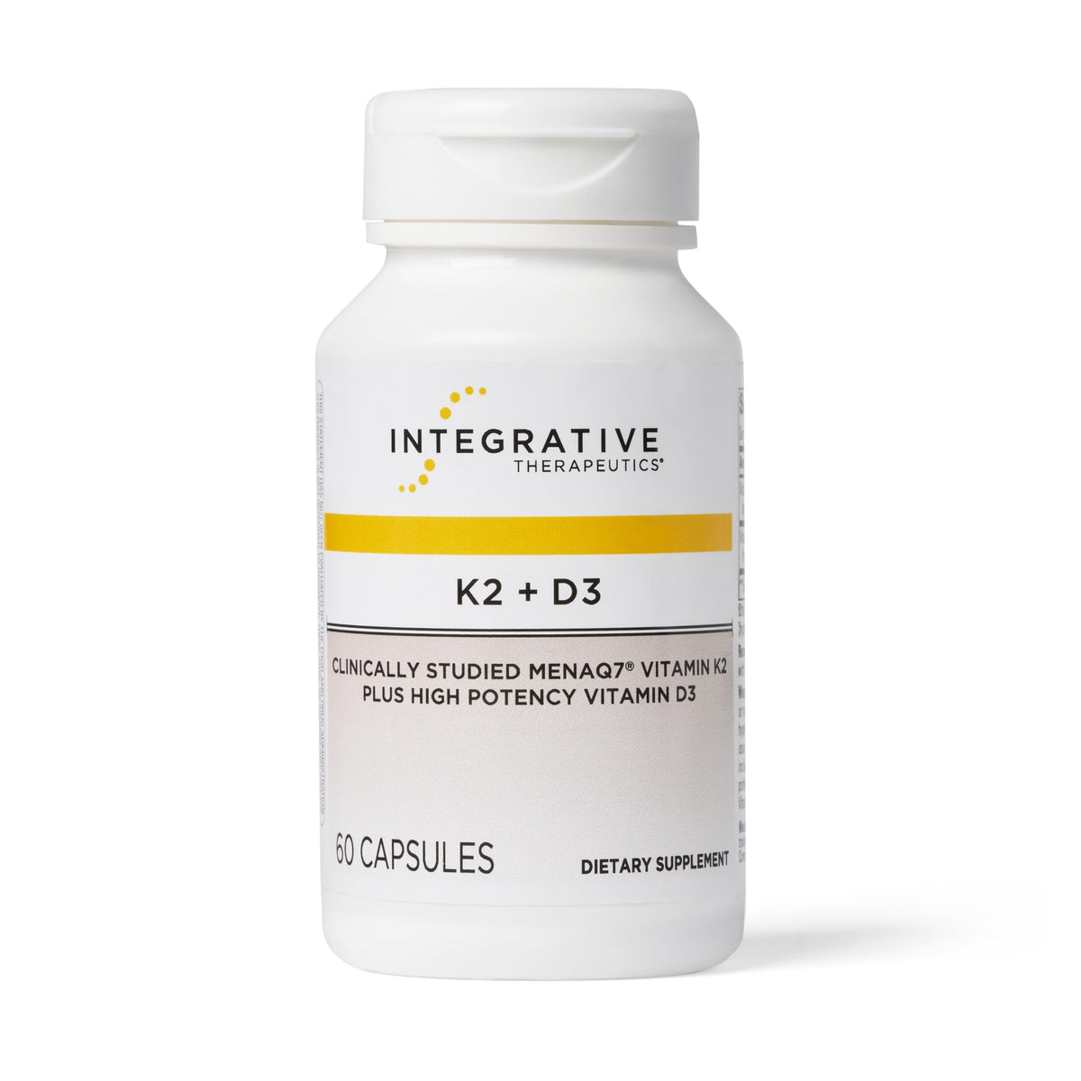 Integrative Therapeutics K2 + D3 bottle showing label highlighting K2 and D3 benefits for bone and heart support.