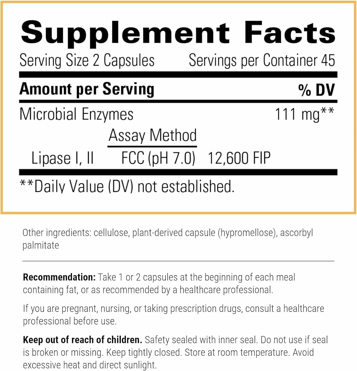 Back-label details for Integrative Therapeutics Lipase Concentrate-HP and directions