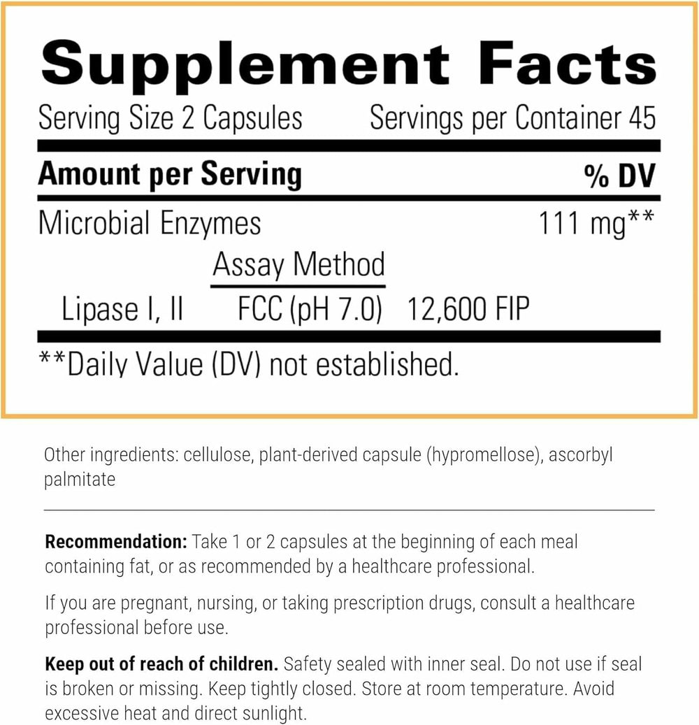 Back-label details for Integrative Therapeutics Lipase Concentrate-HP and directions