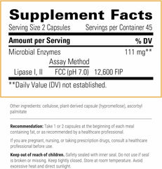 Back-label details for Integrative Therapeutics Lipase Concentrate-HP and directions