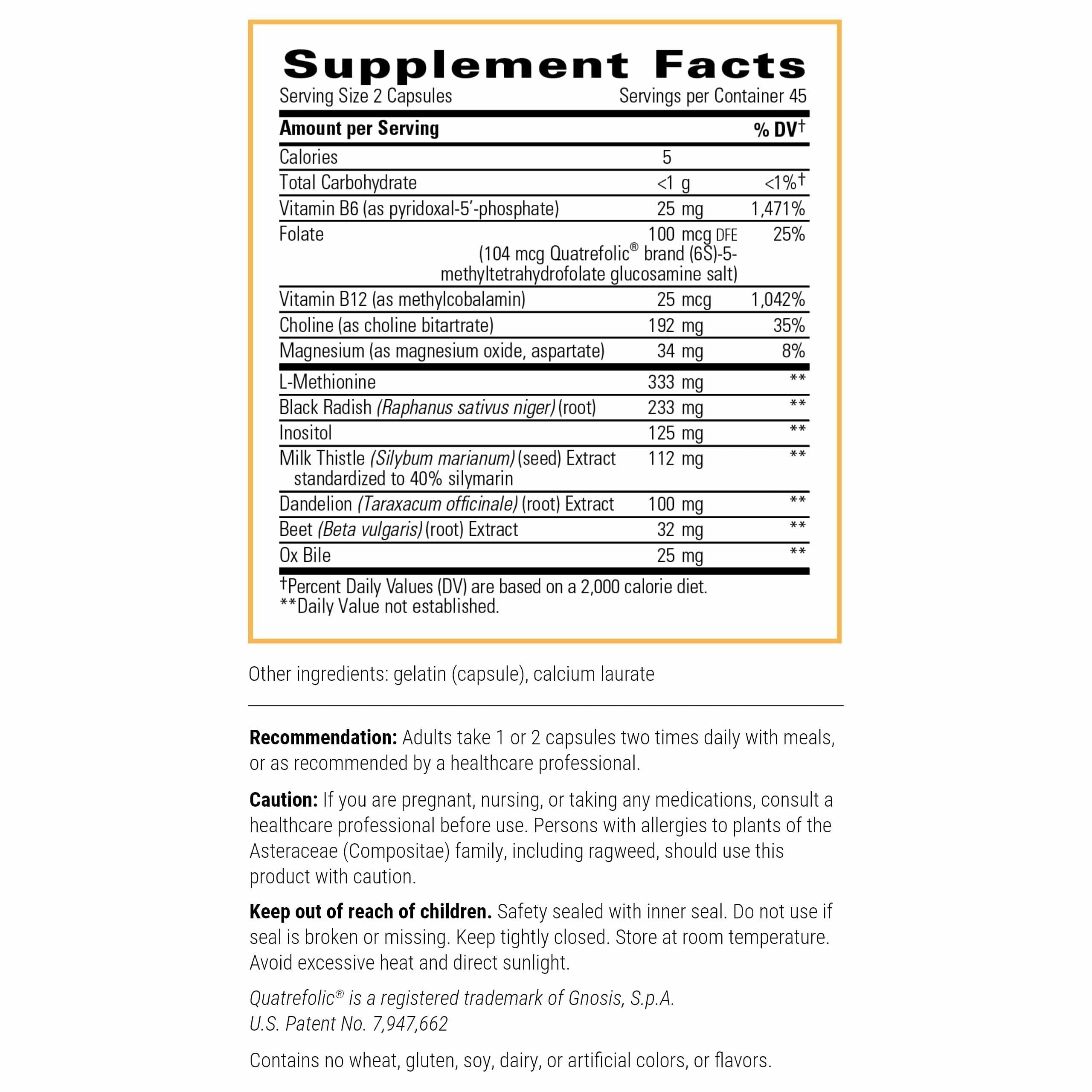 Close-up of the Lipotropic Complex label from Integrative Therapeutics showing ingredients for liver health.