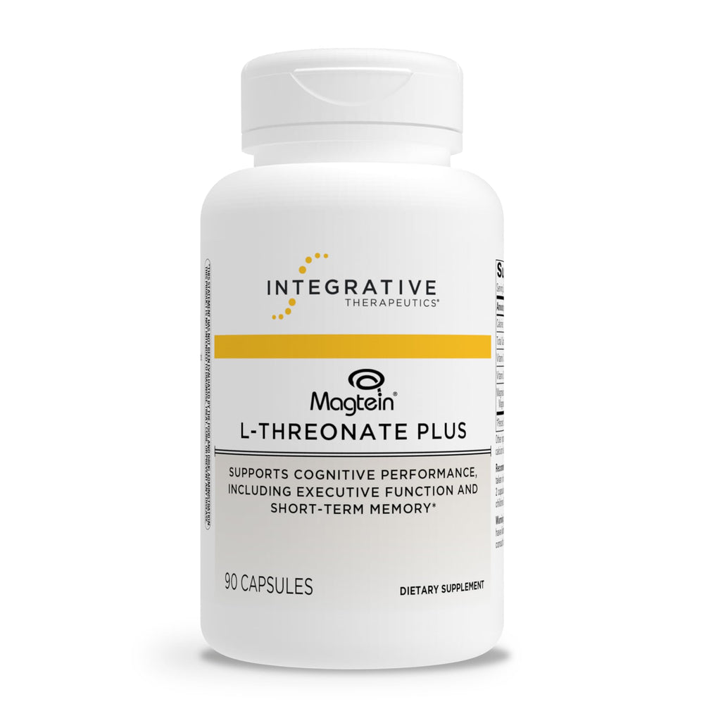 Integrative Therapeutics Magtein L-Threonate Plus bottle on a desk supports focus and memory