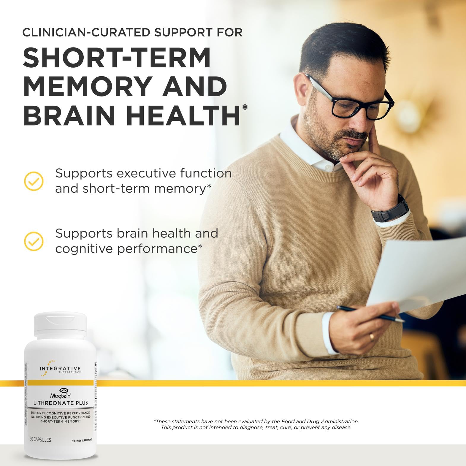 Close-up of Magtein L-Threonate Plus capsules highlighting daily memory support