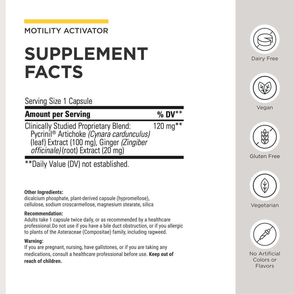 Motility Activator capsules closeup highlight dairy-free formulation