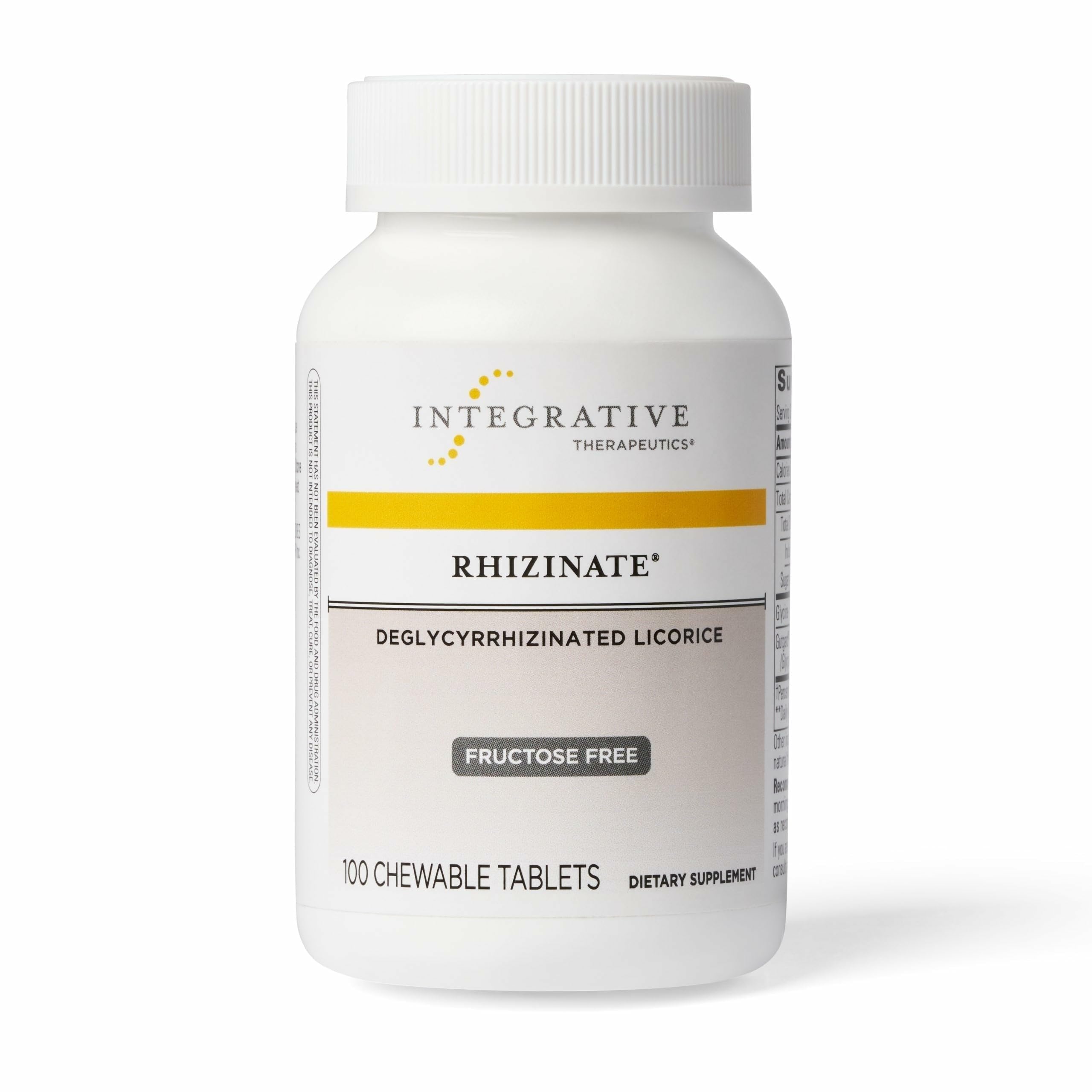 Integrative Therapeutics Rhizinate bottle showing sugarless chewables for digestive comfort