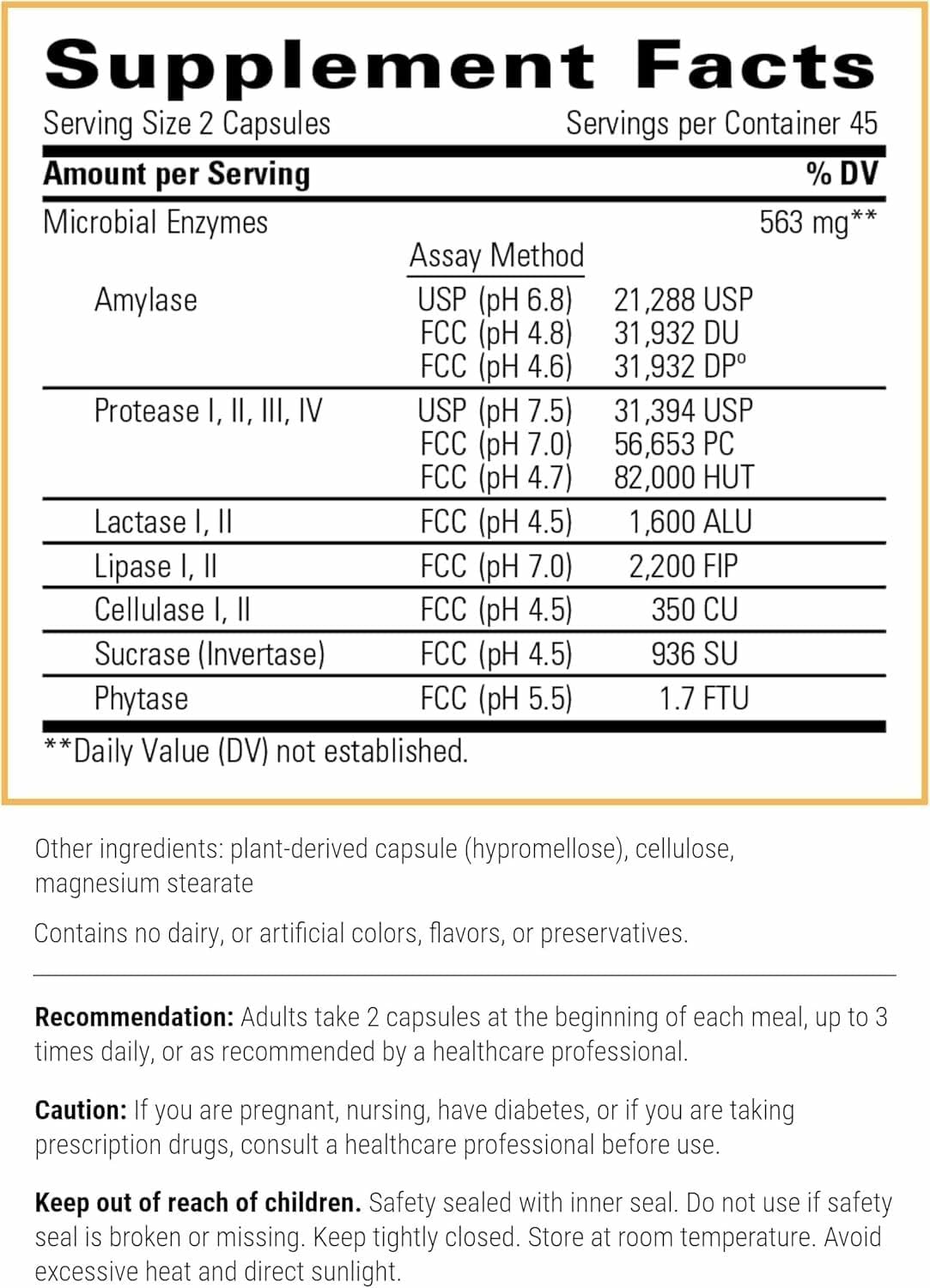 Integrative Therapeutics Similase bottle nutrition label highlighting broad enzyme blend