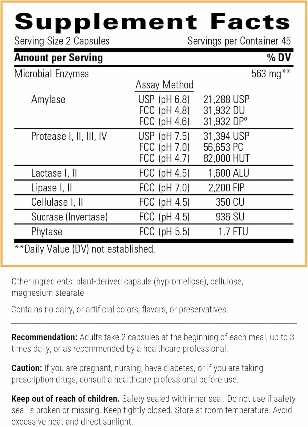 Integrative Therapeutics Similase bottle nutrition label highlighting broad enzyme blend