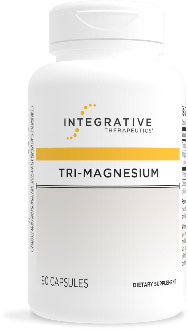 Integrative Therapeutics Tri-Magnesium bottle and capsules illustrating energy support