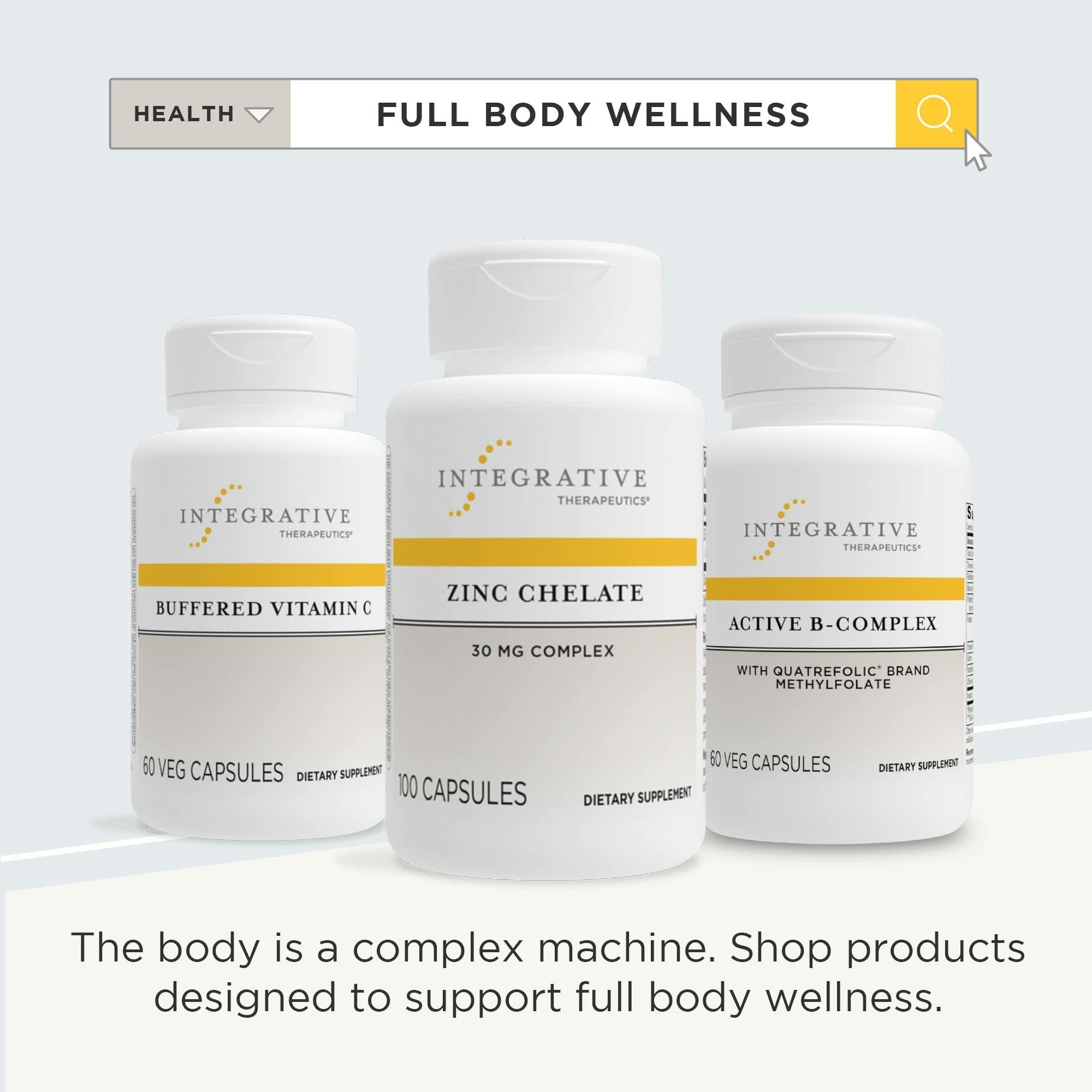 Integrative Therapeutics Zinc Chelate close-up label emphasizing zinc bisglycinate.