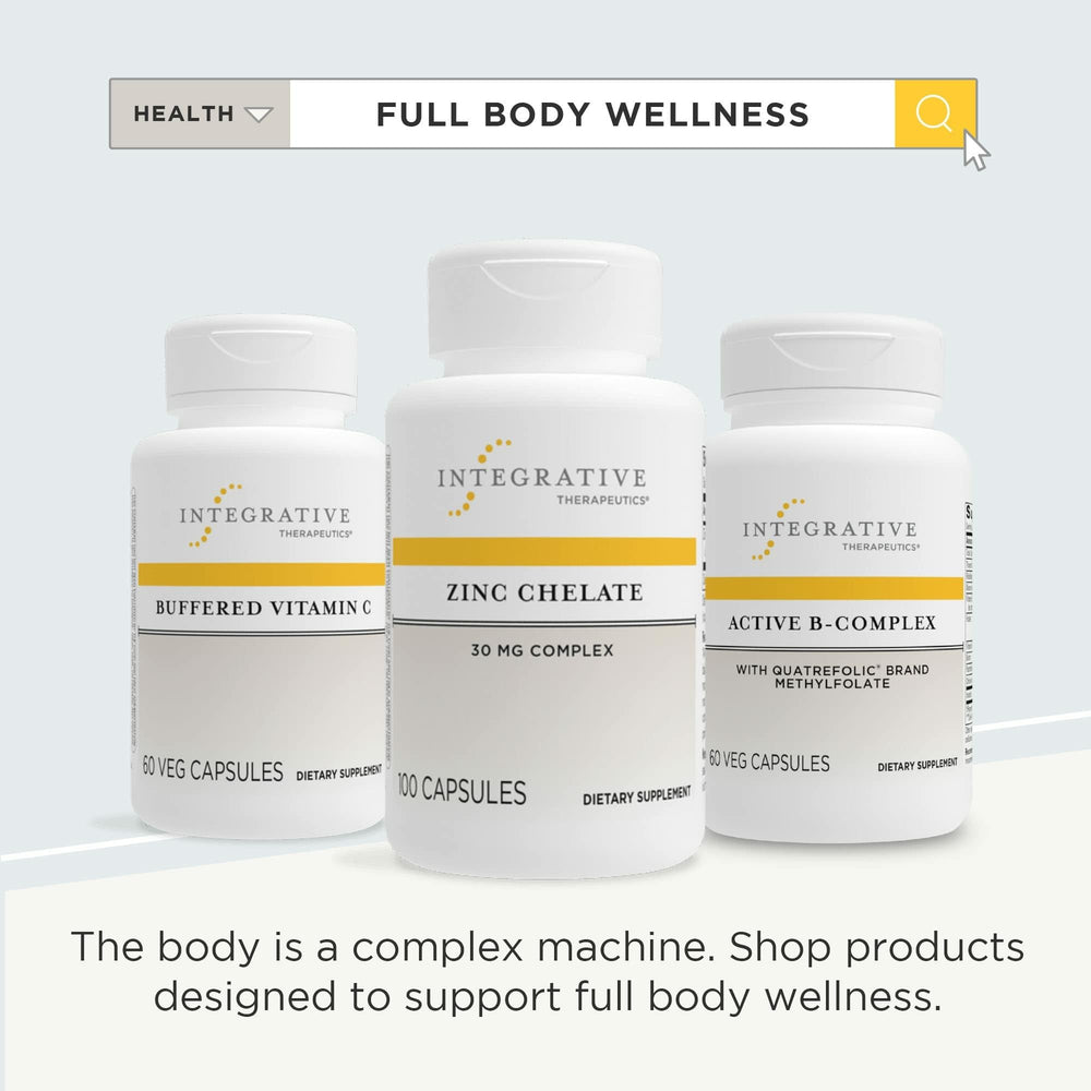 Integrative Therapeutics Zinc Chelate close-up label emphasizing zinc bisglycinate.