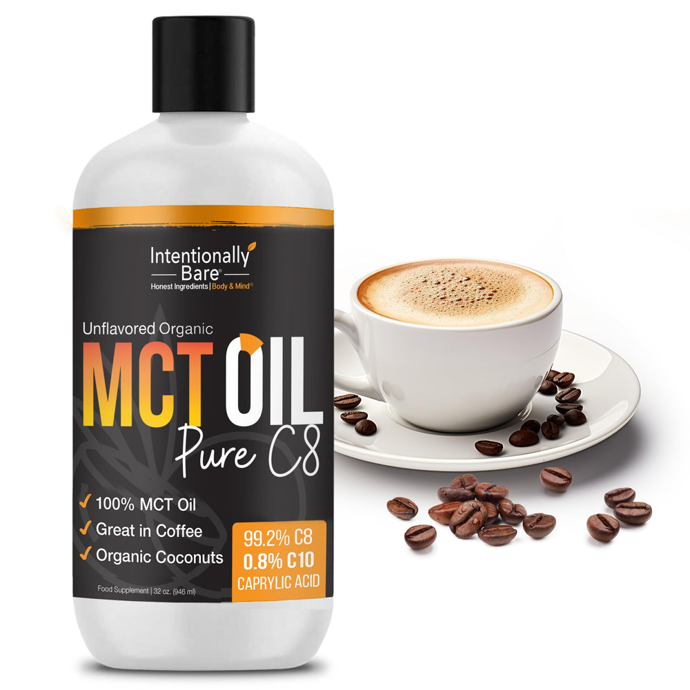 Intentionally Bare MCT Oil bottle pouring shot showing convenient packaging.
