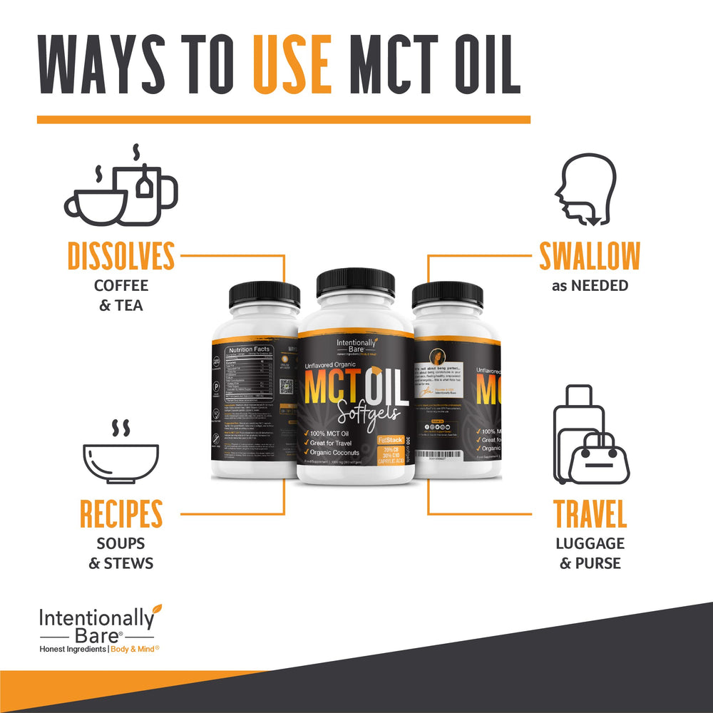 Intentionally Bare MCT Oil Capsules bottle showing tasteless, odorless formula.