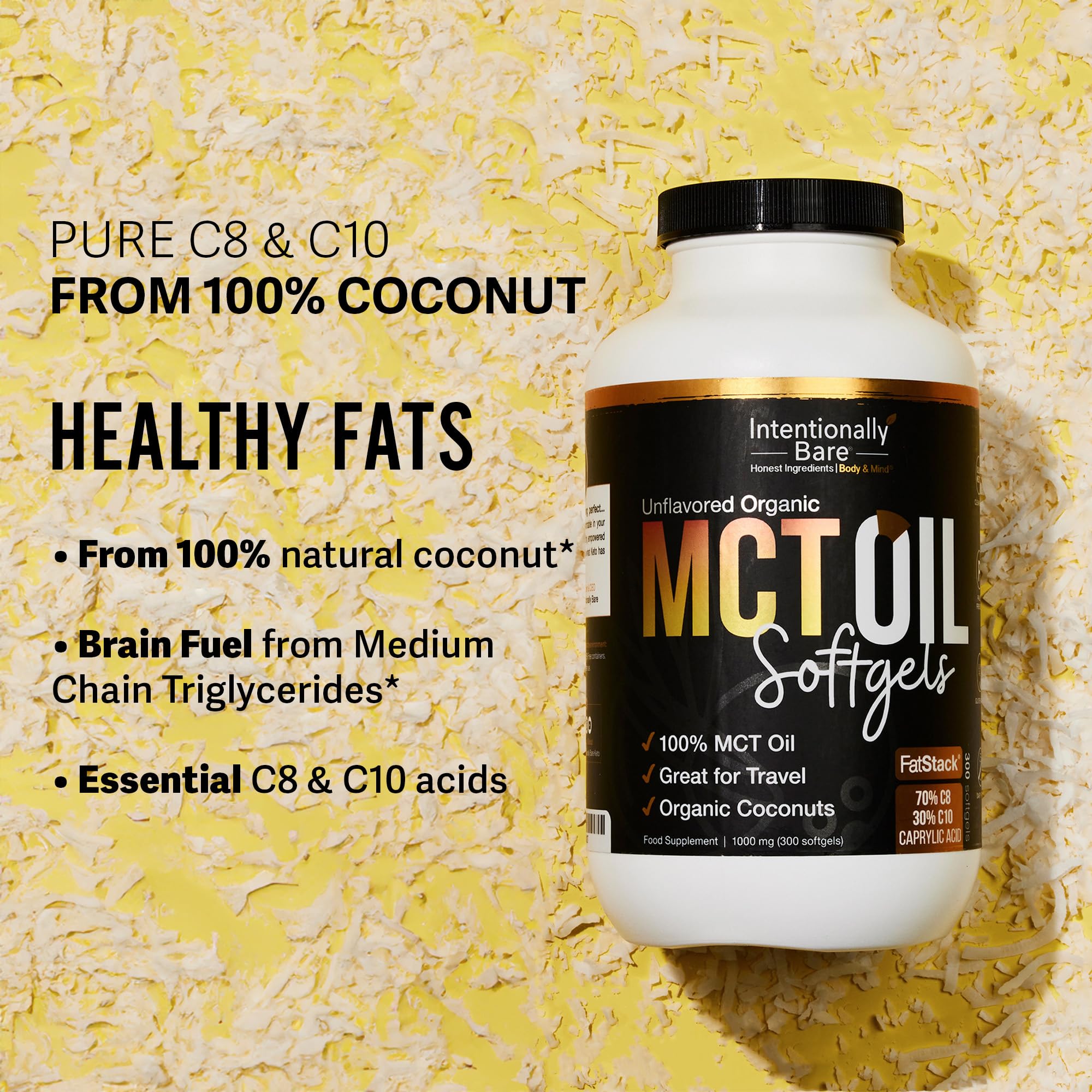Keto-friendly MCT Oil Capsules highlighting purity and no fillers.