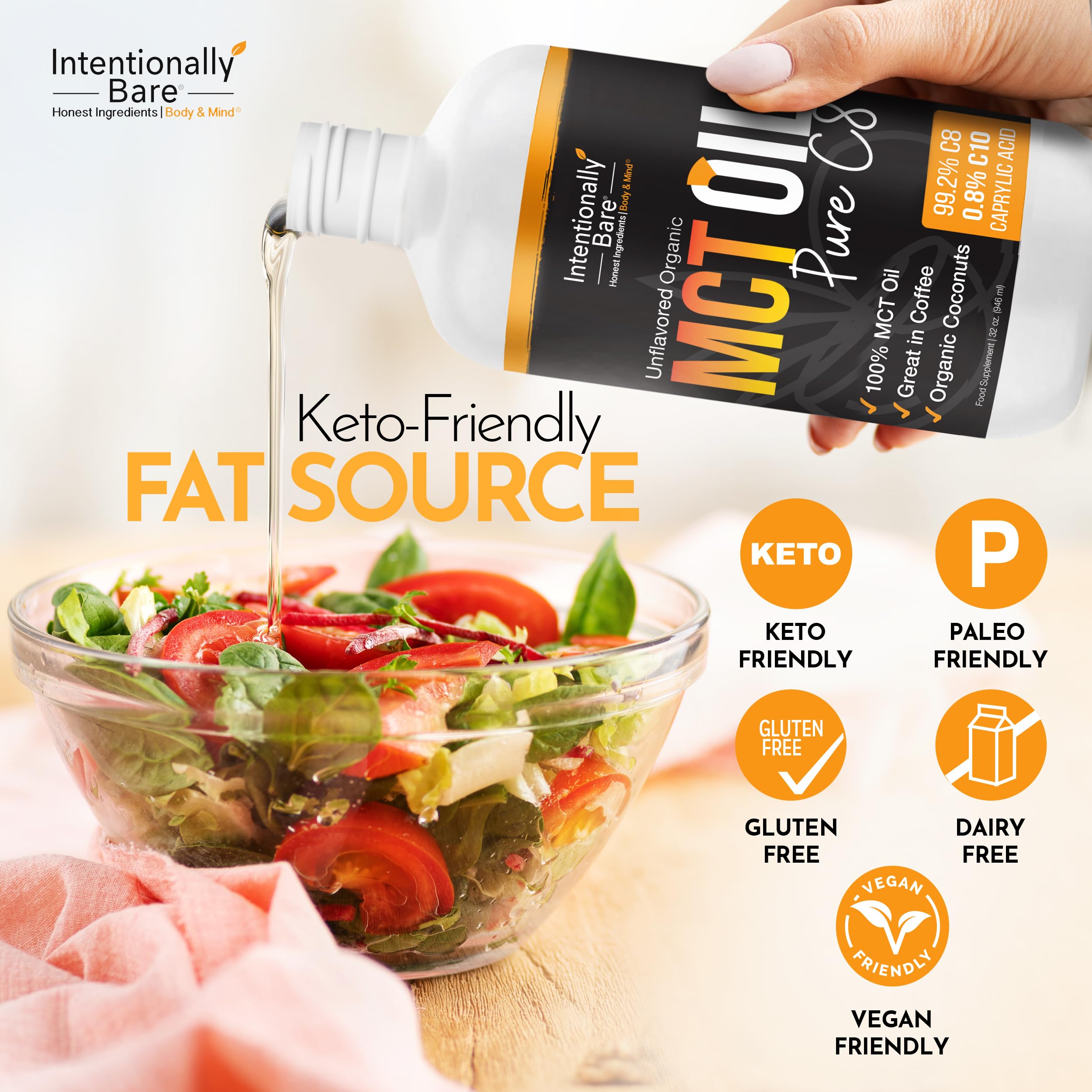 Intentionally Bare MCT Oil ideal for keto coffee and recipe integration.