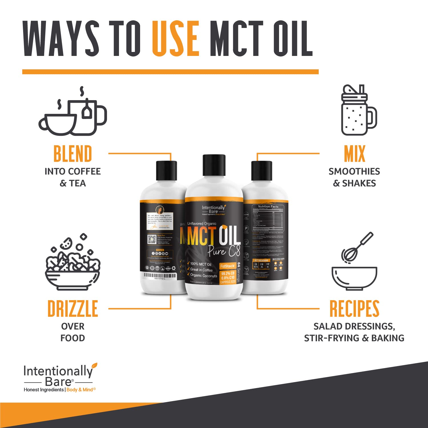 Intentionally Bare MCT Oil with a simple ingredient formula for everyday use.