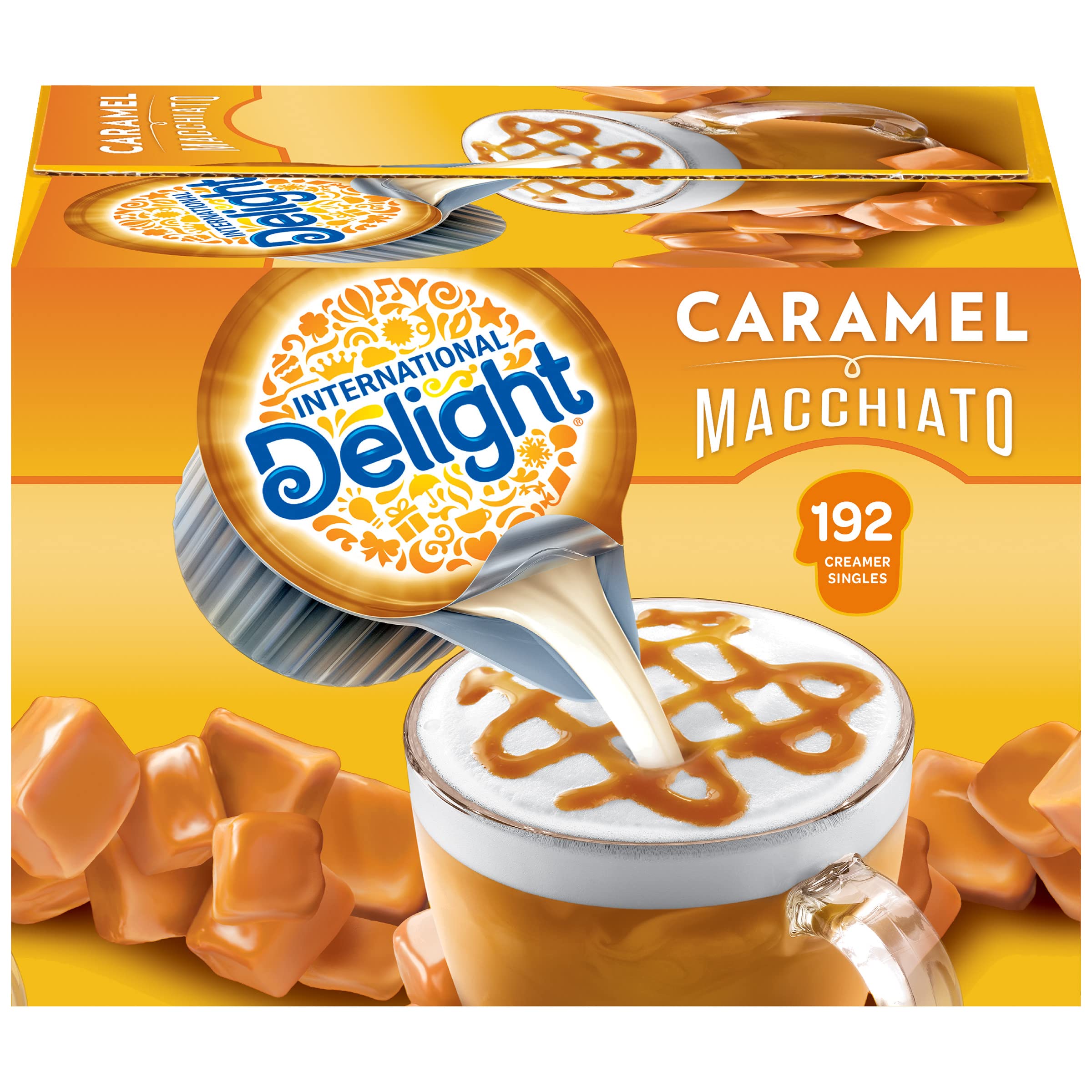 International Delight Caramel Macchiato pods in a box for quick on-the-go flavor.